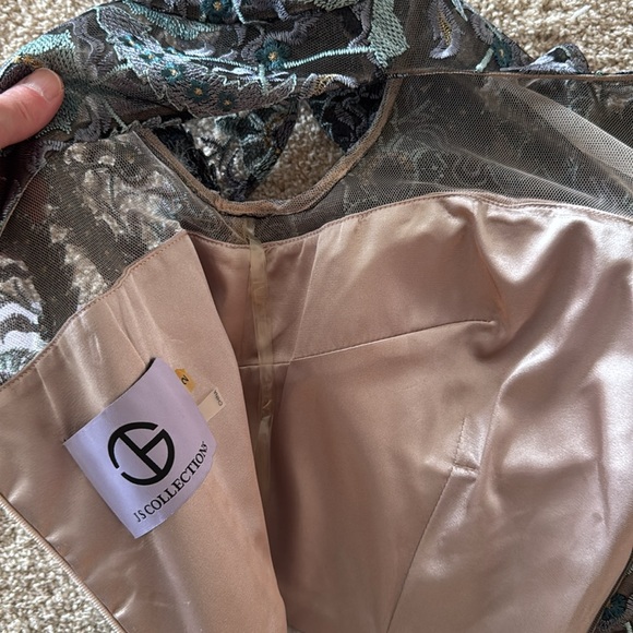 JS Collections brocade illusion over taupe satin gown. Lavender, aqua, teal. - Picture 9 of 13